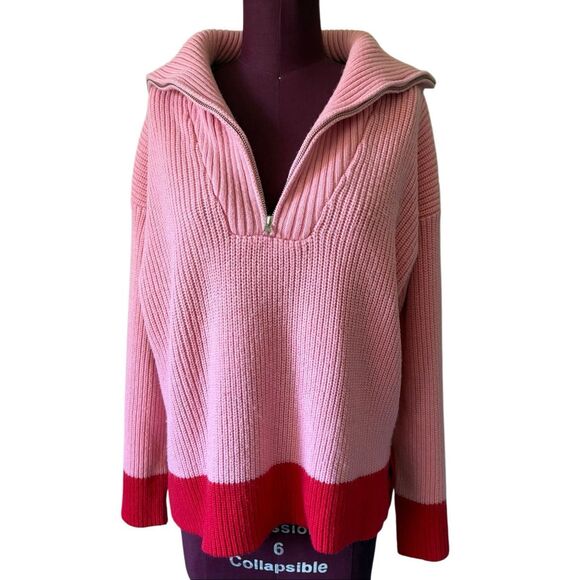 English Factory Contrast Zip Pullover Sweater size L Pink Red - Picture 2 of 10